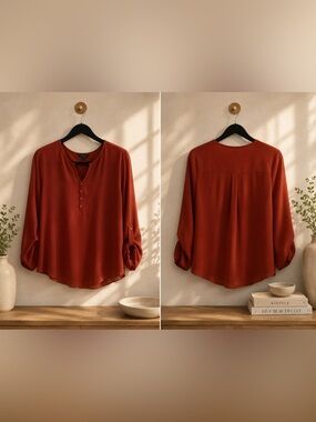 Women's Rust Long-Sleeve Henley Blouse